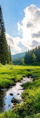 Poster - lush forest landscape with a mountain stream under a vibrant blue sky and fluffy clouds : Generative AI
