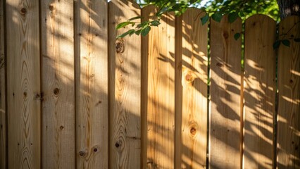 Aufkleber - A closeup of a newly installed wooden fence with grains and knots evident in the wood highlighted by sunlight filtering through nearby leaves creating intricate patterns of light
