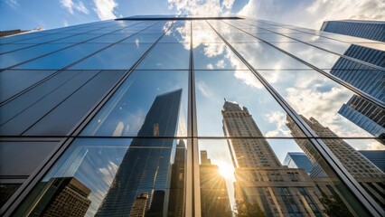 Poster - A closeup of a newly erected glass facade reflecting the skyline with the sunlight creating a shimmering effect symbolizing the modern aesthetic and innovative materials in
