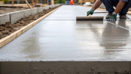 Aufkleber - A closeup of a newly poured concrete foundation its smooth surface still gleaming with moisture while a worker uses a trowel to finish the edges. The scene captures the