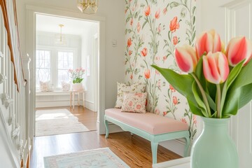 Wall Mural - A bright entryway with floral wallpaper, a pastel bench, and a vase of fresh tulips