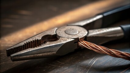 Poster - A closeup of a pair of pliers gripping a thick wire the textured grip of the tools wellworn with strands of copper peeking out from the severed end illuminated by a soft workshop