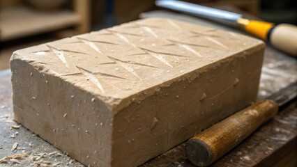 Fototapete - A closeup of a partially shaped stone block with the remnants of sharp tool marks and a sheen of moisture emphasizing both the art of craftsmanship and the organic nature of the