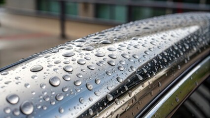 Aufkleber - A closeup of a polished steel surface with droplets of condensation clinging to its flawless finish reflecting the surroundings while emphasizing the cold smooth texture.