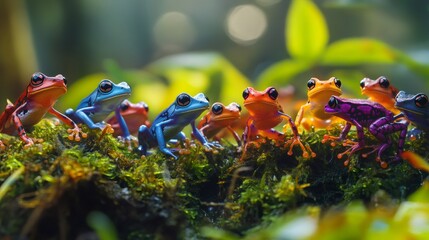 Wall Mural - Colorful poison dart frogs posing on mossy surface