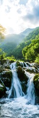 Aufkleber - Stunning Waterfall Cascading in Green Mountain Landscape at Sunset : Generative AI