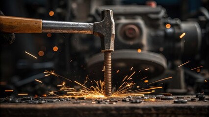 Poster - A closeup of a rivet being hammered into place sparks flying against the backdrop of chaotic machinery symbolizing the precision needed to build amidst disorder.