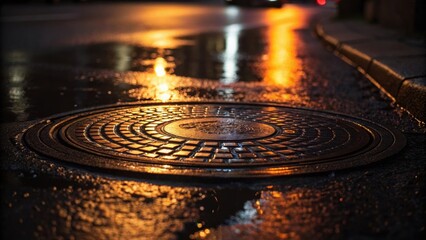 Poster - A closeup of a reflective manhole cover in the street where the warm glow of streetlights bounces off its surface creating a mosaic of light and reflections amidst the dimness.
