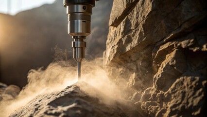Aufkleber - A closeup of a rock face being drilled for a tunnel project with dust clouds rising and the drill bit glistening in the sunlight. The texture of the rugged stone contrasts sharply