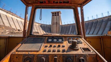 Poster - A closeup of a rusted crane operators cabin showing worn controls while in the background the massive structure of the dam looms under a clear blue sky indicating progress on the