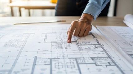 Aufkleber - A closeup of a set of detailed blueprints spread out on a table with the inspectors hand pointing to specific sections showcasing intricate architectural details.