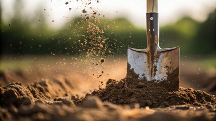 a closeup of a shovel breaking ground with clumps of dirt flying showcasing the initial disruption o
