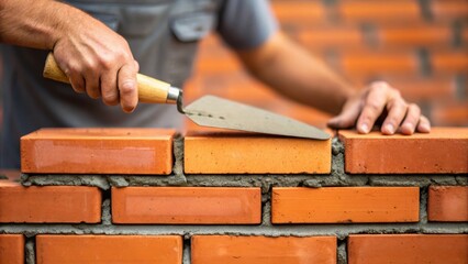 Poster - A closeup of a skilled mason laying bricks focusing on the alignment of the bricks and the trowel applying mortar. The details of the mortars texture and the vibrant colors of the