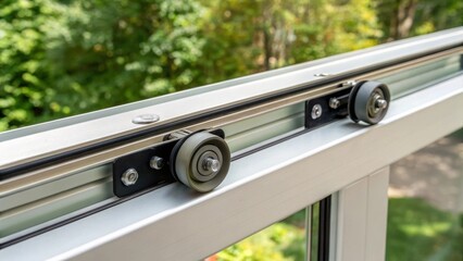Aufkleber - A closeup of a sliding glass door track depicting the smooth rollers and guiding system that allows for effortless operation. The focus is on the fine details of the hardware