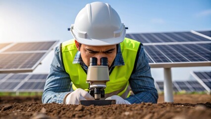 Poster - A closeup of a soil sample being tested by an engineer with solar panel structures rising in the background highlighting the importance of land assessment in the building process.