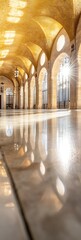 Poster - Majestic Sunlit Hallway with High Arched Ceilings and Reflections : Generative AI