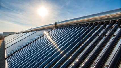 Poster - A closeup of a solar thermal collector detailing the pipes and absorption surface with the sun shining down and reflecting off the collectors surface illustrating renewable energy