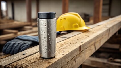 Poster - A closeup of a thermos filled with iced water condensation forming on the surface resting on a weathered wooden beam with a hard hat and safety gloves in the background.