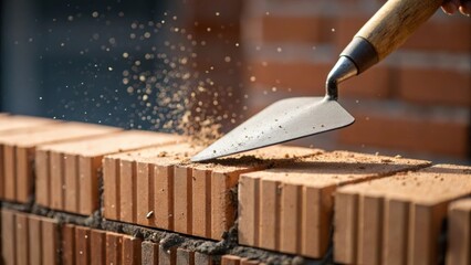 Poster - A closeup of a trowel in action drawing a precise line of mortar along a brick with specks of debris flying capturing the dynamic motion and skilled craftsmanship involved.