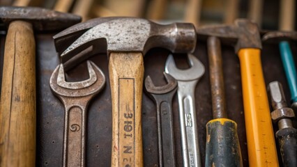 Poster - A closeup of a variation of tools ranging from hammers to wrenches each marked with wear reflecting years of use and the creativity involved in problemsolving onsite.