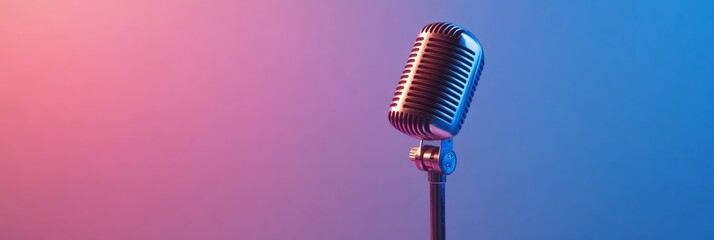 Poster - Classic microphone illuminated by vibrant pink and blue lighting evokes nostalgic ambiance, symbolizing music, performance, and audio recording in a striking visual representation