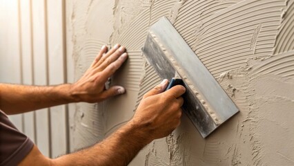Poster - A closeup of a workers hands applying finishing touches to a wall smoothing out the surface with a trowel highlighting the craftsmanship and detail involved in the construction