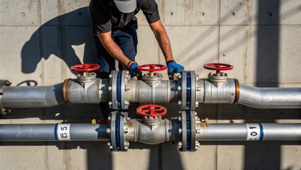 Poster - A closeup of a workers hands carefully adjusting valves and fittings on a large pipeline setup with the sight of a concrete wall rising ominously in the background.