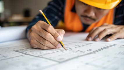 Poster - A closeup of a workers hand tracing over the symbols on a blueprint showcasing a concentrated expression and the fine details of the plans in stark relief.