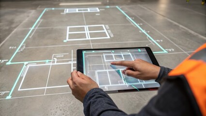 Aufkleber - A closeup of a workers hands manipulating a floating touchscreen interface in AR to adjust the layout of a floor plan with bright virtual lines indicating potential changes over