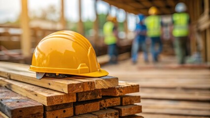 Poster - A closeup of a workers safety helmet p on a stack of lumber showing scratches and fading paint with the blurred motion of workers bustling around the site in the background.