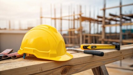 Aufkleber - A closeup of a workers safety helmet resting on a wooden beam with construction tools and scaffolding slightly blurred in the background showcasing the work environment.