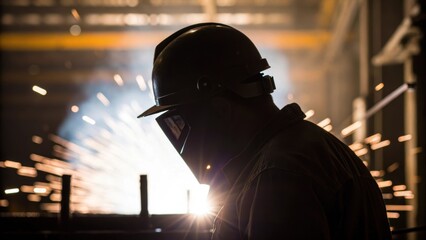 Aufkleber - A closeup of a workers silhouette deeply focused with the bright light illuminating tools and machinery behind them conveying a sense of dedication and craftsmanship.
