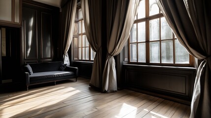 Poster - Classic Dark Elegance Living Room with Velvet Drapes and Wooden Floor Timeless Interior Style : Generative AI