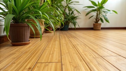 Poster - A closeup of bamboo flooring showcasing its unique grain and texture paired with vibrant indoor plants emphasizing sustainable materials used in ecofriendly interiors.