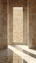 Wall Mural - Tranquil external view of an empty room with sturdy stone walls framed by a large rectangular window