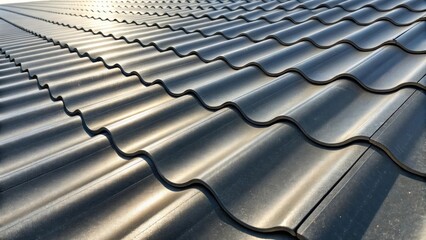 Aufkleber - A closeup of corrugated metal roofing highlighting the wavy undulations and ridges that run parallel reflecting light in alternating patterns of shadow and shine emphasizing