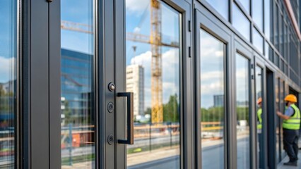 Poster - A closeup of energyefficient windows being installed with reflections of the surrounding construction site visible in the glass illustrating the blend of aesthetics and technology