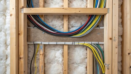 Poster - A closeup of electric wiring snaking through the framing of an interior wall surrounded by insulation illustrating the integration of building systems and energy efficiency.