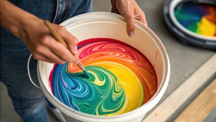 Poster - A closeup of hands mixing paint in a bucket with vibrant colors swirled together conveying the creativity involved in choosing and applying finishes for interior spaces.