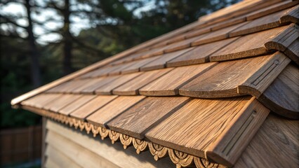Aufkleber - A closeup of handcrafted wooden shingles with intricate detailing visible on their edges poised on a roof as natural light creates shadows that enhance their dimensions and rustic