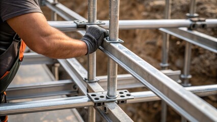 Aufkleber - A closeup of metal scaffolding planks being fastened with the workers elbow visible in the frame symbolizing the physical effort required. The juxtaposition of the smooth metal and