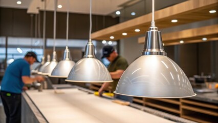 Poster - A closeup of newly installed pendant lights casting delicate shadows on the surfaces below with workers in the background adjusting fixtures and tidying the workspace.