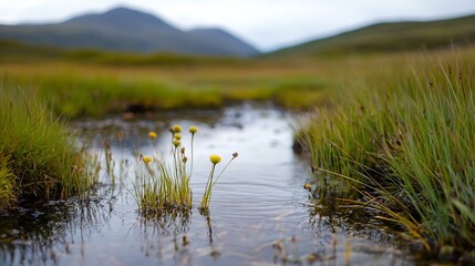 Poster - Gentle stream flows through lush green meadow under distant mountains : Generative AI