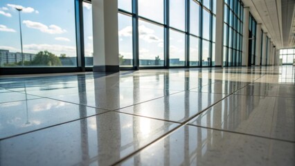 Poster - A closeup of polished floor tiles beginning to reflect the bright light from expansive windows as switches are activated creating a vibrant contrast against the stillness of the