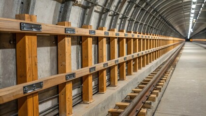 Poster - A closeup of protective supports being installed along the tunnels wall with metal beams and wooden struts meticulously aligned to prevent collapse symbolizing the structural