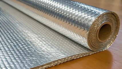 Poster - A closeup of reflective or radiant barrier insulation capturing the shiny metallic surface and corrugated texture emphasizing its role in energy efficiency by reflecting heat.