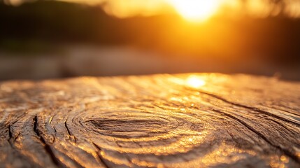 Poster - Golden Sunset Reflection on Weathered Wooden Surface Creating Warm Ambient Glow : Generative AI