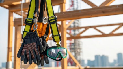 Poster - A closeup of safety geargloves goggles and harnesseshanging from a construction site framework symbolizing the rigorous safety measures in place for building a spaceport.