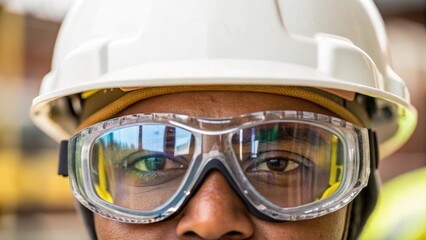 Poster - A closeup of safety goggles resting just below a workers eyes reflecting multiple construction tasks in the lens highlighting their focus and dedication to safety.