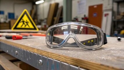 Poster - A closeup of safety goggles resting on a workbench with a faint reflection of a construction site symbolizing the proactive measures taken to protect workers eyes from flying